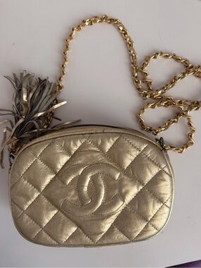 CHANEL Metallic Gold Quilted Crossbody with Tassel